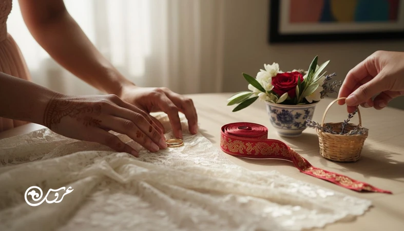 تصویر مفهومی از عروسی در فرهنگ‌های مختلف جهان با نمادهای مشترک مثل حلقه، پارچه لباس و گل؛ مناسب مقاله مقایسه مراسم عروسی