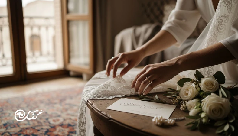 عروس در حال مرتب کردن جزئیات ظاهری عروسی روی میز با نور طبیعی؛ نماد تصمیم‌گیری و استرس انتخاب‌های کوچک