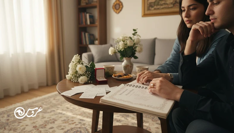 زوج نامزد ایرانی در حال بررسی بودجه عروسی و تشخیص مرز صرفه جویی سالم و فشار پنهان مالی در خانه