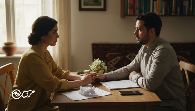 زوج ایرانی در حال گفتگوی مهم قبل از عروسی درباره بودجه، خانواده و برنامه زندگی؛ فضای خانه با نور طبیعی و حس آرامش