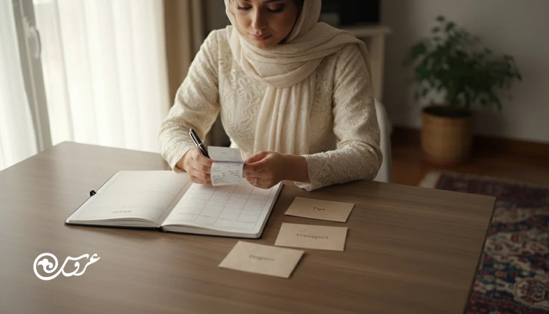 عروس در حال بررسی ریزهزینه‌های عروسی با رسیدها و پاکت‌های انعام؛ تصویر مرتبط با مدیریت هزینه‌های کوچک اما فرساینده