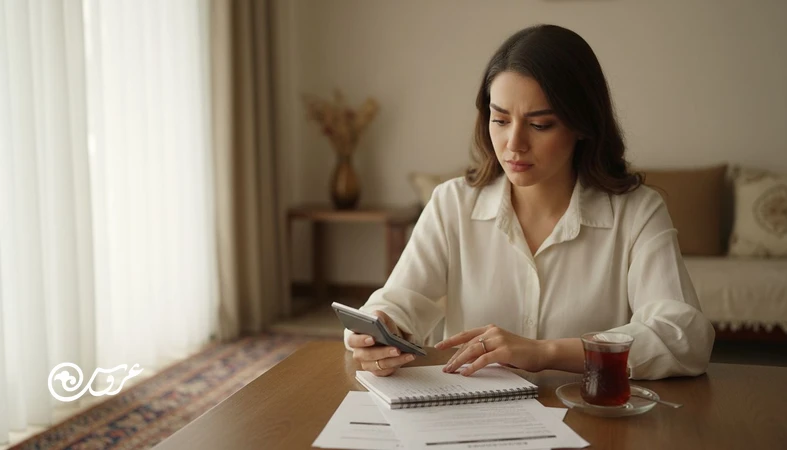 عروس در حال بودجه ریزی عروسی با دفترچه و ماشین حساب؛ تصویری از بازتاب ارزش ها و ترس ها در هزینه های مراسم