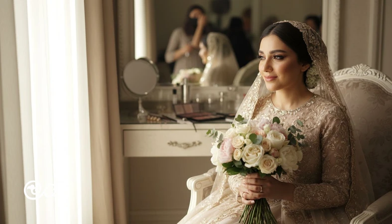 عروس ایرانی در اتاق آماده شدن کنار پنجره با نور طبیعی؛ تصویر احساسی از تجربه درونی و استرس روز عروسی