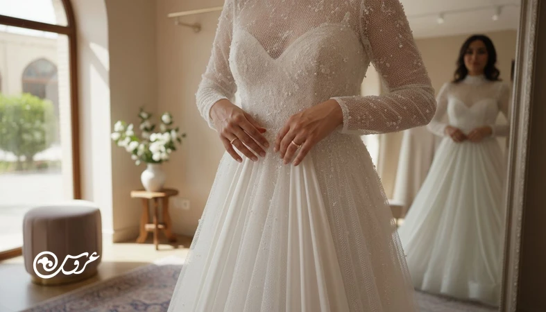 پرو لباس عروس با تمرکز بر راحتی بدن، جنس پارچه و آزادی حرکت در اتاق پرو با نور طبیعی
