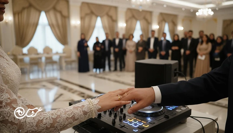تصویر نزدیک از دست‌های عروس و داماد کنار سیستم موسیقی، نشان‌دهنده نقش موسیقی در شکل دادن ریتم احساسات مراسم عروسی
