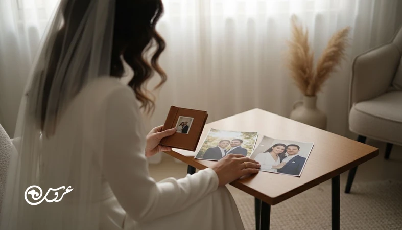 مقایسه سبک عکس عروسی؛ یک عکس طبیعی و یک عکس ژست دار روی میز، با نور طبیعی و جزئیات حلقه و لباس عروس