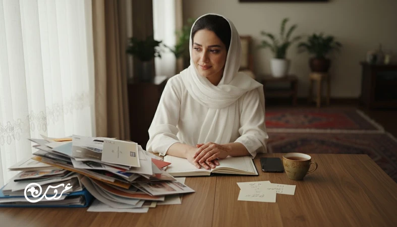 عروس در حال برنامه ریزی عروسی با دفتر برنامه ریزی و چک لیست؛ تضاد بین نظم و شلوغی برای نشان دادن برنامه ریزی آرام کننده یا استرس زا