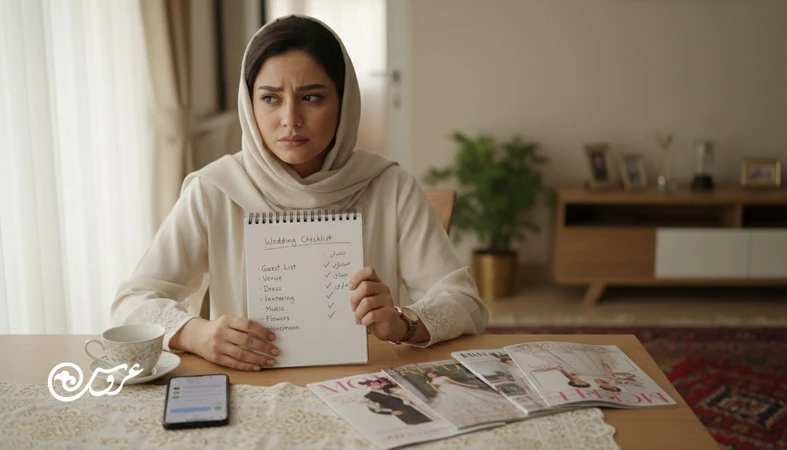 عروس در ابتدای برنامه‌ریزی عروسی با حس ابهام و خستگی تصمیم کنار میز و چک‌لیست