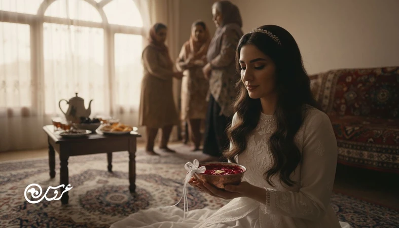 دلبستگی احساسی به رسم های عروسی ایرانی؛ عروس در نور طبیعی کنار جزئیات سنتی مثل حنا و وسایل پذیرایی