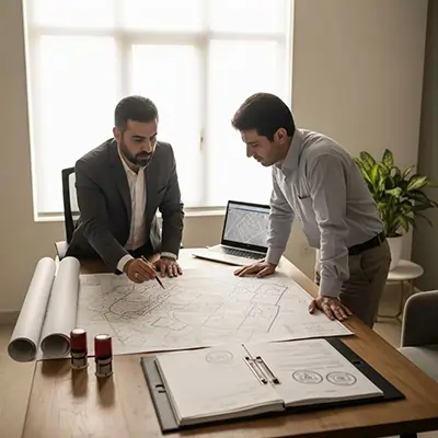 تیم مشاوران ایزد ملک در حال بررسی زمین‌ ها برای خرید و قطعه بندی و فروش