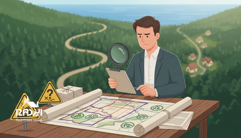تصویر مفهومی از بررسی ریسک های خرید زمین در شمال ایران با چک لیست استعلام سند، کاربری و قرارداد