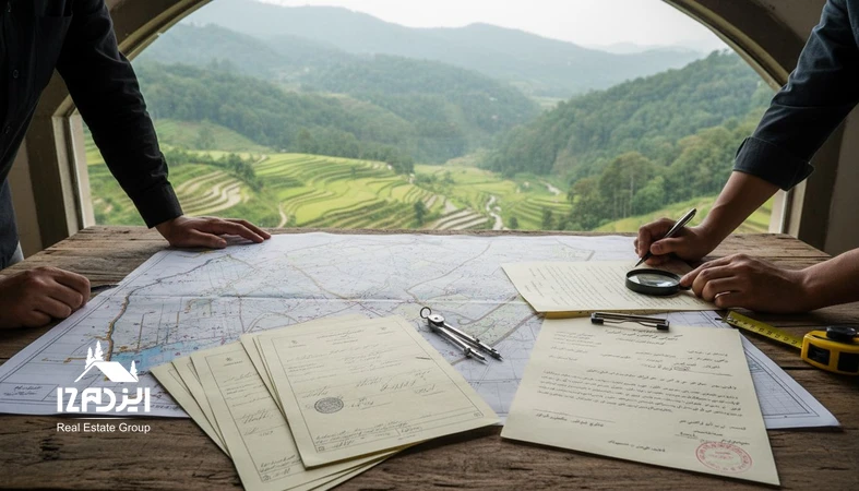 تصویر تحلیلی خرید زمین در شمال با نقشه UTM، سند و برگه استعلام برای بررسی ریسک های دسترسی، کاربری و قرارداد