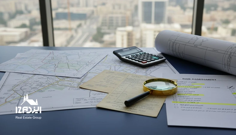 تصویر تحلیلی از تصمیم سرمایه‌گذاری زمین با نقشه کاداستر، سند ملک و چک‌لیست بررسی ریسک‌ها و استعلام‌ها