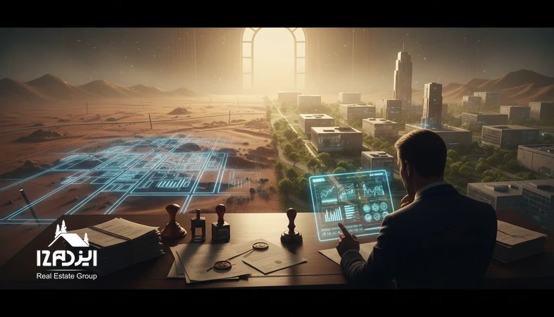 تصویر مفهومی از آینده بازار زمین و سناریوهای محتاطانه سرمایه‌گذاری با نقشه کاربری، اسناد و تحلیل ریسک