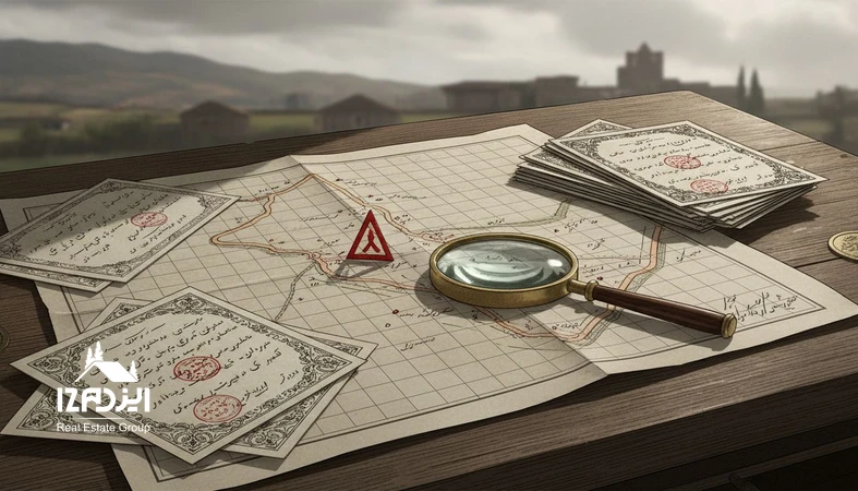 تصویر تحلیلی از خرید پرریسک زمین با نقشه UTM، مدارک استعلام و علامت هشدار روی حدود ملک