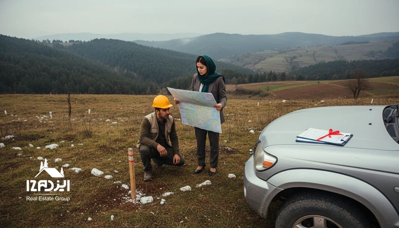 تصویر فرایند ارزیابی و انتخاب زمین با بررسی سند، نقشه حدود و چک‌لیست استعلام‌ها برای تصمیم‌گیری مبتنی بر ریسک