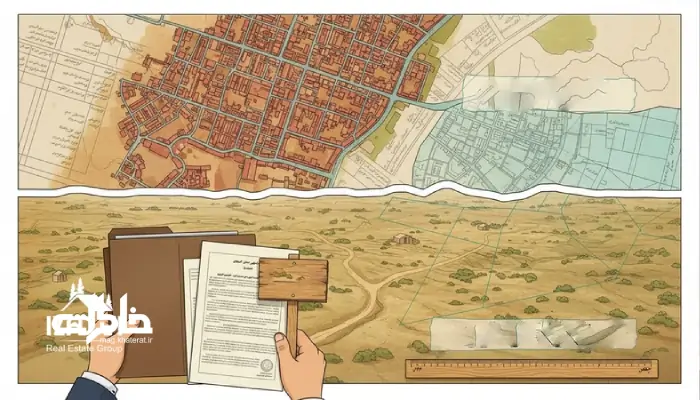 تفاوت زمین داخل بافت و خارج بافت در ایران با نمایش مرز بافت، نقشه طرح هادی/تفصیلی و مدارک استعلام خرید زمین