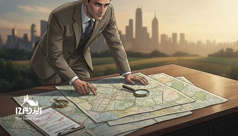 تصویر نقشه راه خرید زمین با چک لیست استعلام‌ها، نقشه ثبتی و ذره بین برای تصمیم گیری محتاطانه در خرید زمین