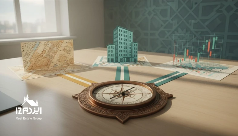 تصویر مفهومی مقایسه سرمایه‌گذاری بین زمین، مسکن و بورس با تمرکز بر تصمیم‌گیری و مدیریت ریسک