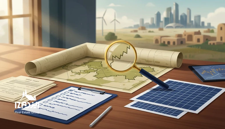 تصویر مفهومی ریسک های سرمایه گذاری زمین شامل بررسی سند، نقشه حدود، کاربری و نقدشوندگی با چک لیست و ذره بین