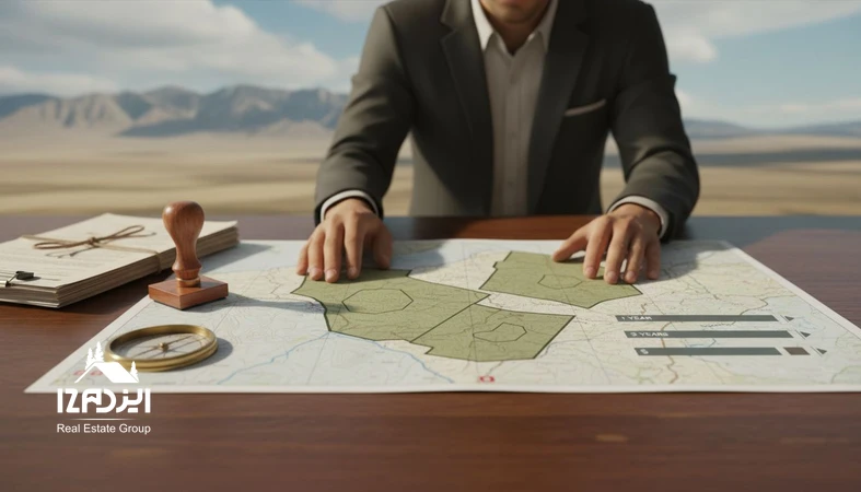 تصویر مفهومی تصمیم گیری افق زمانی سرمایه گذاری زمین (۱ ساله، ۳ ساله، ۵ ساله) با نقشه، اسناد و ابزار تحلیل