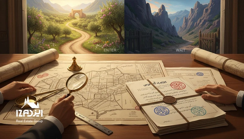 تصویر مفهومی چرخه بازار زمین با نقشه و مدارک استعلام، برای تشخیص نشانه های ورود یا صبر در سرمایه گذاری زمین