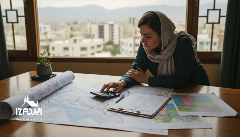 تصویر مفهومی از قیمت گیری زمین با بررسی نقشه، ضوابط کاربری، چک لیست استعلام و مقایسه قیمت های هم ارز در ایران
