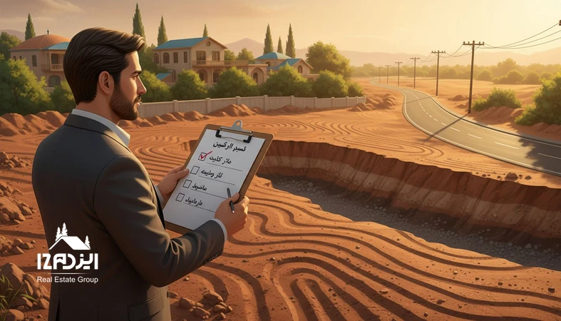 تصویر تصمیم‌گیری برای انتخاب زمین مناسب ساخت با تمرکز بر شیب، خاک، دسترسی قانونی و همسایگی در ایران