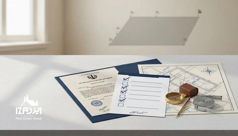 تصویر چک لیست بررسی سند و کاربری زمین برای خرید مطمئن، شامل مدارک، نقشه کاربری و ابزار نقشه برداری