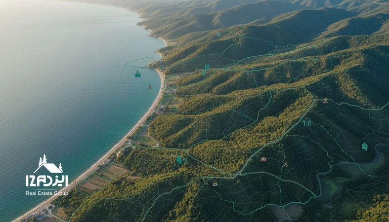 تصویر تحلیلی نقشه رشد مناطق شمال برای سرمایه گذاری زمین با لایه های کاربری، دسترسی و زیرساخت