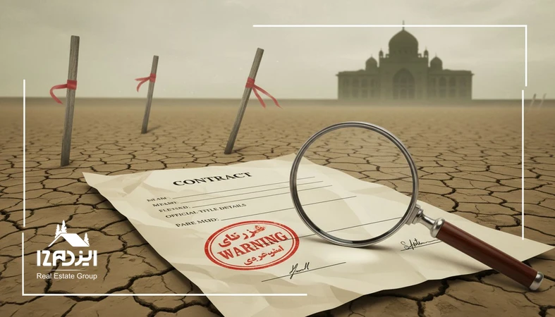 تصویر مفهومی از ریسک خرید زمین بدون سند رسمی؛ قرارداد بدون امضا، مهر هشدار و تاکید بر بررسی مالکیت و استعلام های قانونی