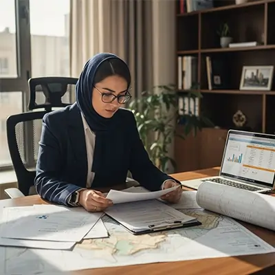 تحلیل مدارک ثبتی و ارزیابی موقعیت زمین توسط تیم تصمیم‌سازی ایزدملک پیش از معامله